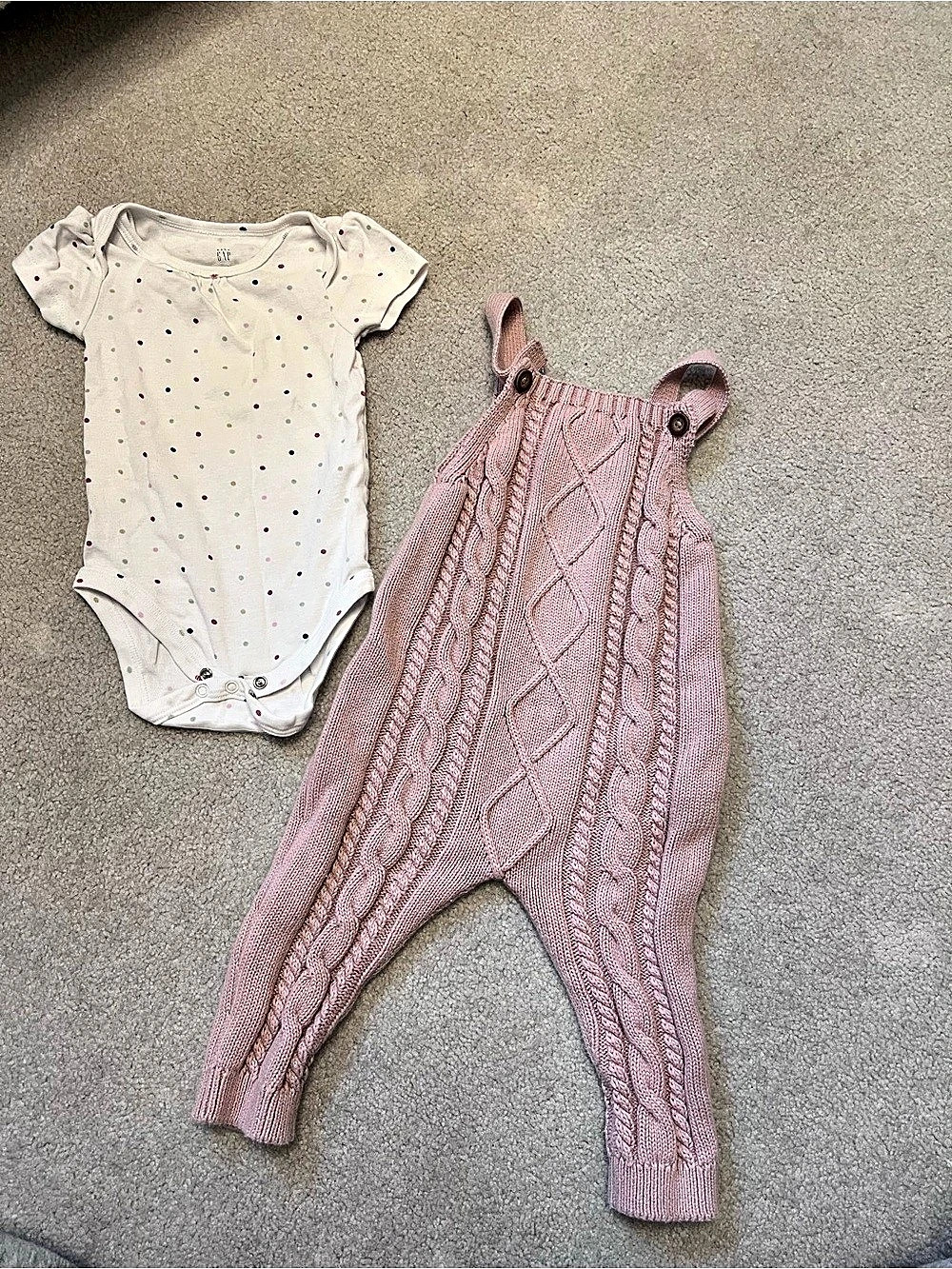 Carter’s Organic Cotton Dusty Rose Cable-Knit Romper and Baby Gap Polka Dot Body